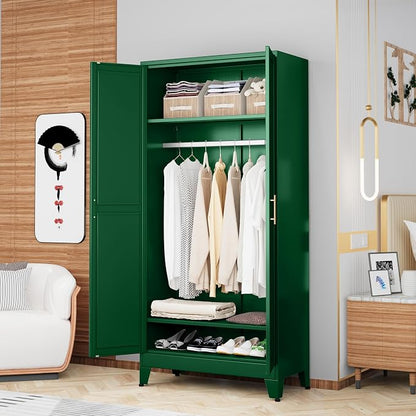 GAIOUS Metal Wardrobe Cabinet with Hanging Rod, Clothing Storage Cabinets | with 2 Doors and Adjustable Shelves, 71" Metal Green Armoire Wardrobe Closet for Bedroom, Laundry Room, Cloak Room