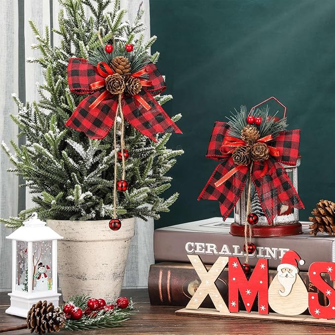 Xinnun 8 Pieces Christmas Buffalo Plaid Bows with Pine Cones Pine Needles Xmas Plaid Bow Ornament Christmas Tree Wreath Decoration for Holiday Parties DIY Crafts Home Decor (Red,Black)