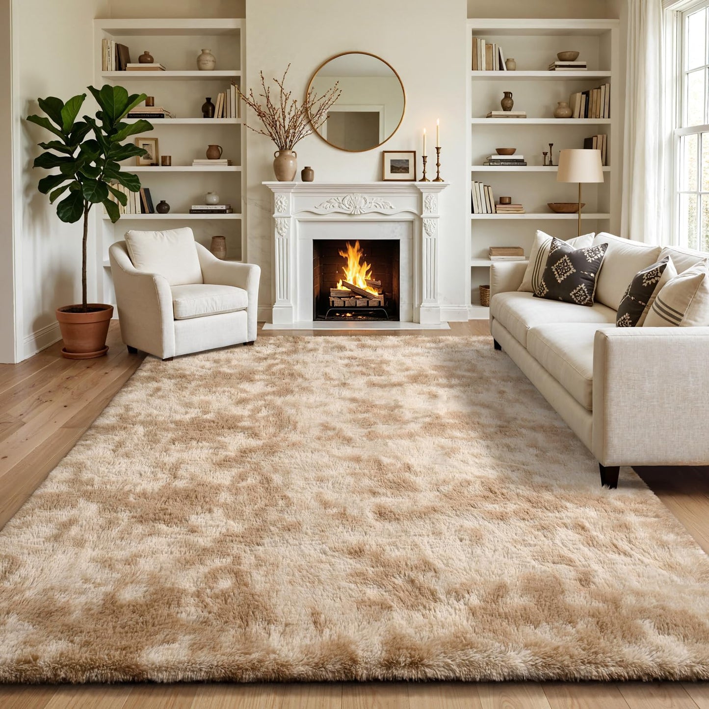 KIXINWA Rug for Bedroom, 4x6 Area Rug for Living Room, Fluffy Carpet for Kids Nursery Dorm Room, Soft Shag Non Slip Floor Rugs, Home Décor Carpet, Machine Washable, Tie-Dyed Camel