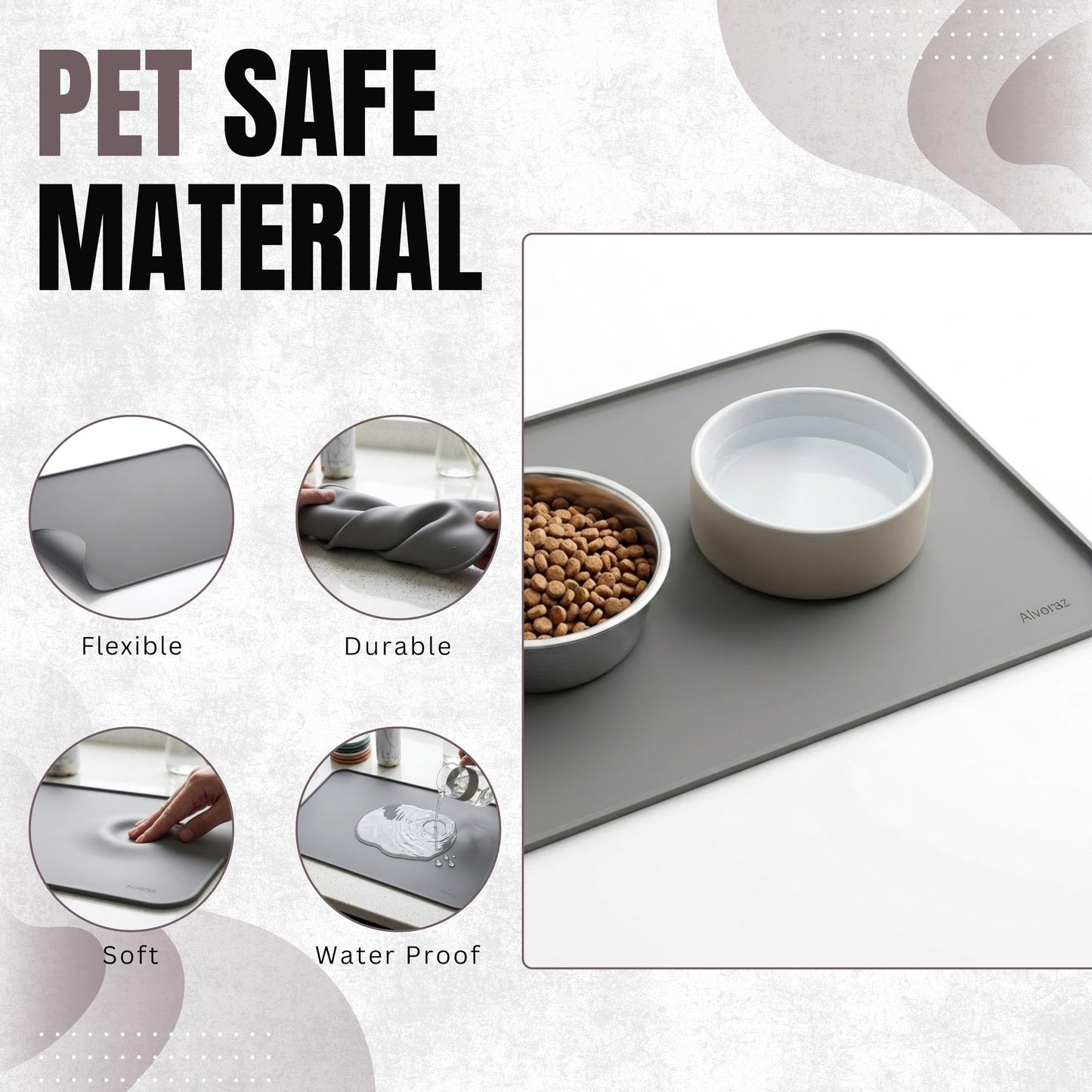 Alvoraz Silicone Pet Feeding Mat 2 Pack 19 x 12 Inch Waterproof Dog & Cat Food Mat with Raised Edge, Non Slip BPA Free Dog Bowl Mat for Food and Water Bowls, Spill Proof Floor Protector (Grey)