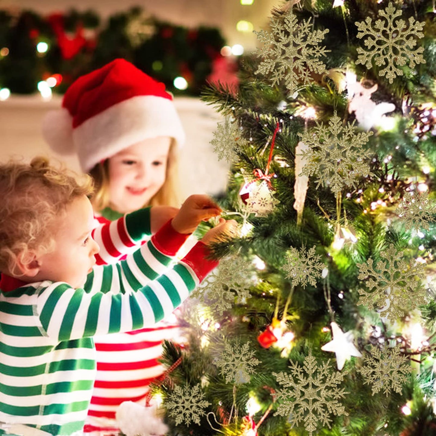 36pcs Christmas Gold Snowflake Ornaments Plastic Glitter Snow Flakes Ornaments for Winter Christmas Tree Decorations Size Varies Craft Snowflakes
