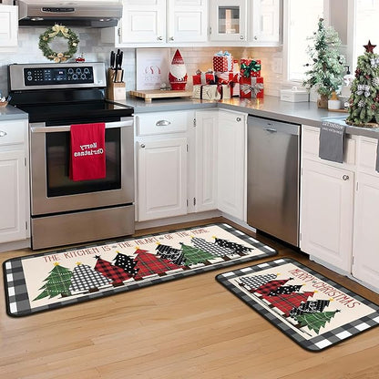 Buffalo Plaid Xmas Trees Merry Christmas Kitchen Rugs Set of 2, Christmas Indoor Floor Mats for Winter, Xmas Door Mat Runner Rug for Kitchen Home Decor 17"x47"+17"x30"