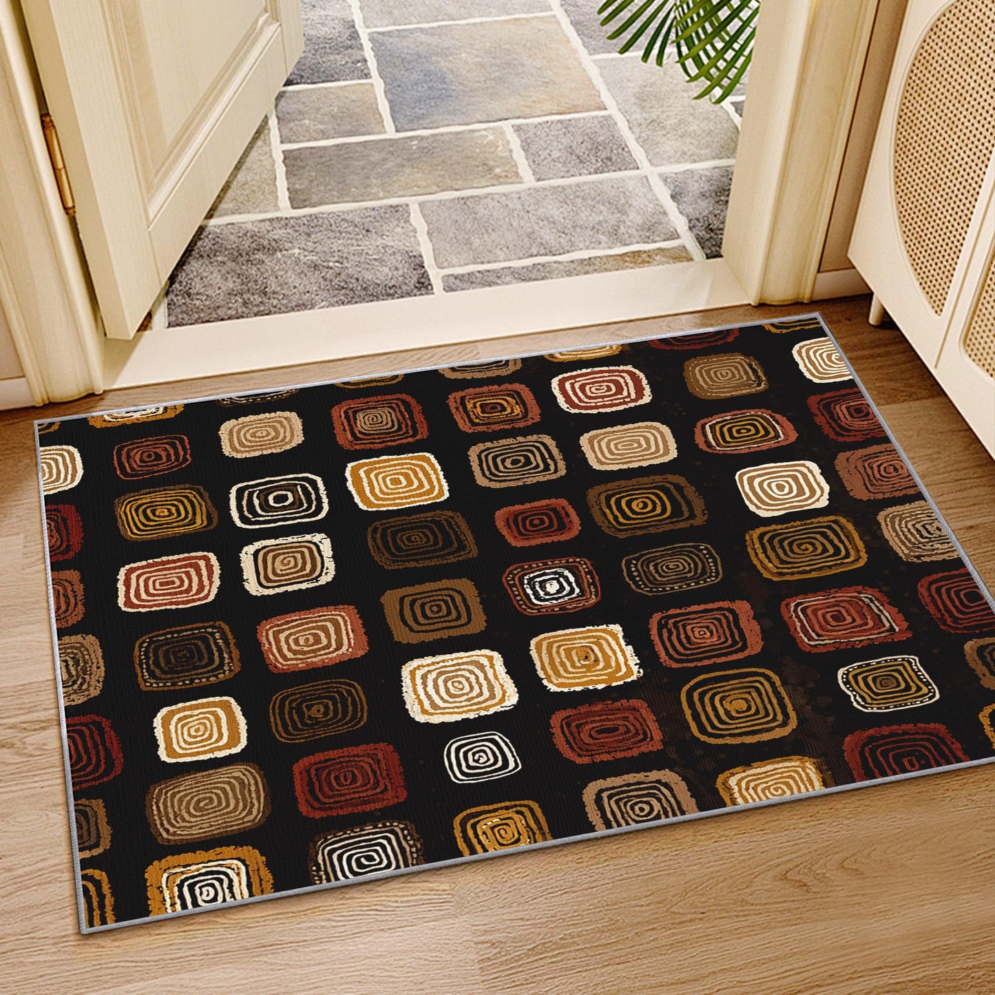 Phtbz Mid Century Rugs for Living Room -Retro Geometric Rug, 5x8 ft, Earth Tone Area Rug, Neutral Square Pattern Washable Non-Slip Stain Resistant, Modern Abstract Home Decor & Gifts