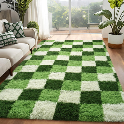 FALARK Fluffy Deep Green White Rugs for Bedroom, 4x6 Feet Checkered Rug for Living Room, Cute Shag Carpet for Kids Girls Room Nursery, Soft Shaggy Modern Indoor Carpets for Home Decor
