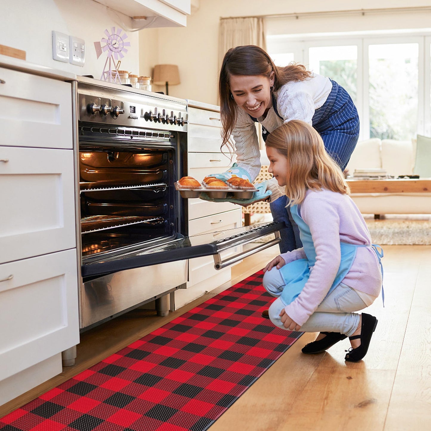 Aoczes Long Kitchen Runner Rug Anti-Fatigue Floor Mat 17.3x94 Inches Black Red Buffalo Plaid Waterproof Non-Slip Comfort Mat for Kitchen, Office, Laundry Room