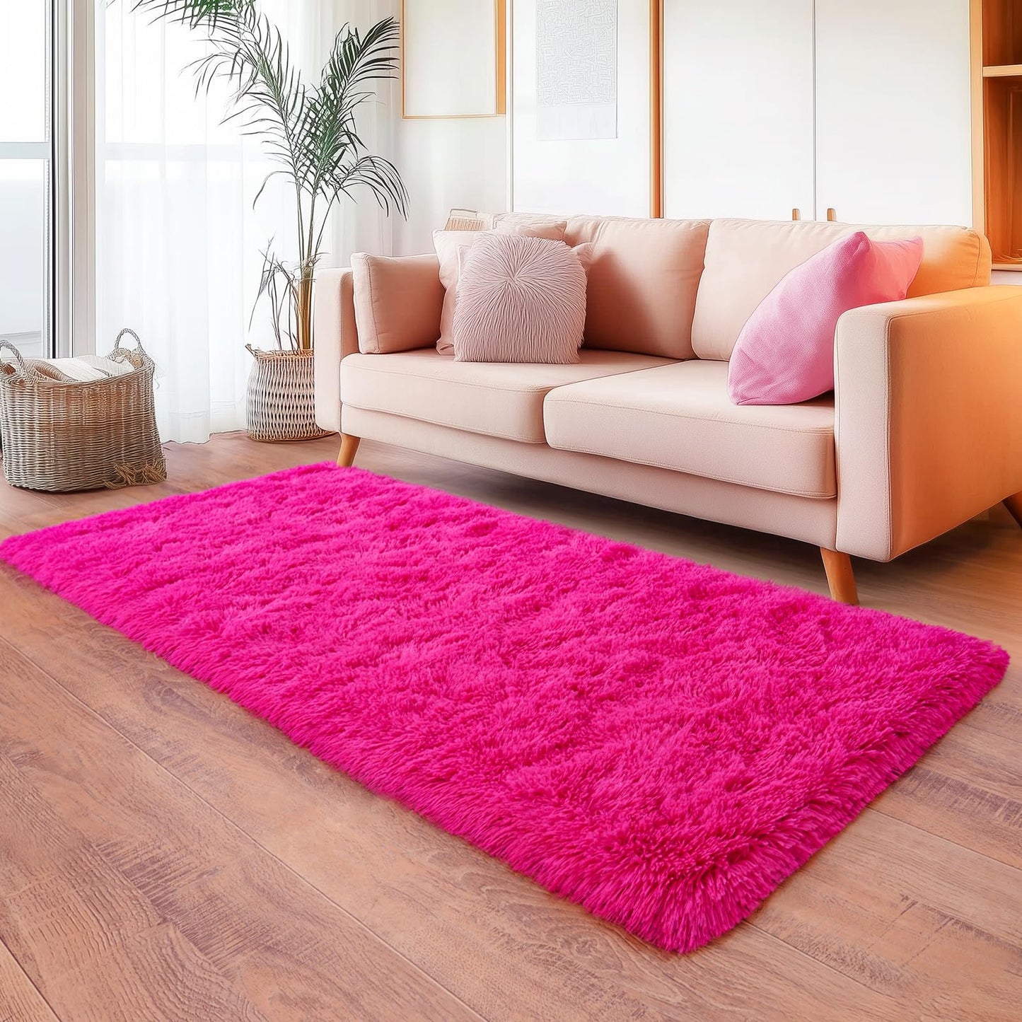 Hot Pink Runner Rug for Hallway, Bedroom Bedside Plush Rugs, Non Slip Fluffy Shaggy Carpet for Kids Home Decor, Dorm Nursery 2x6 Ft