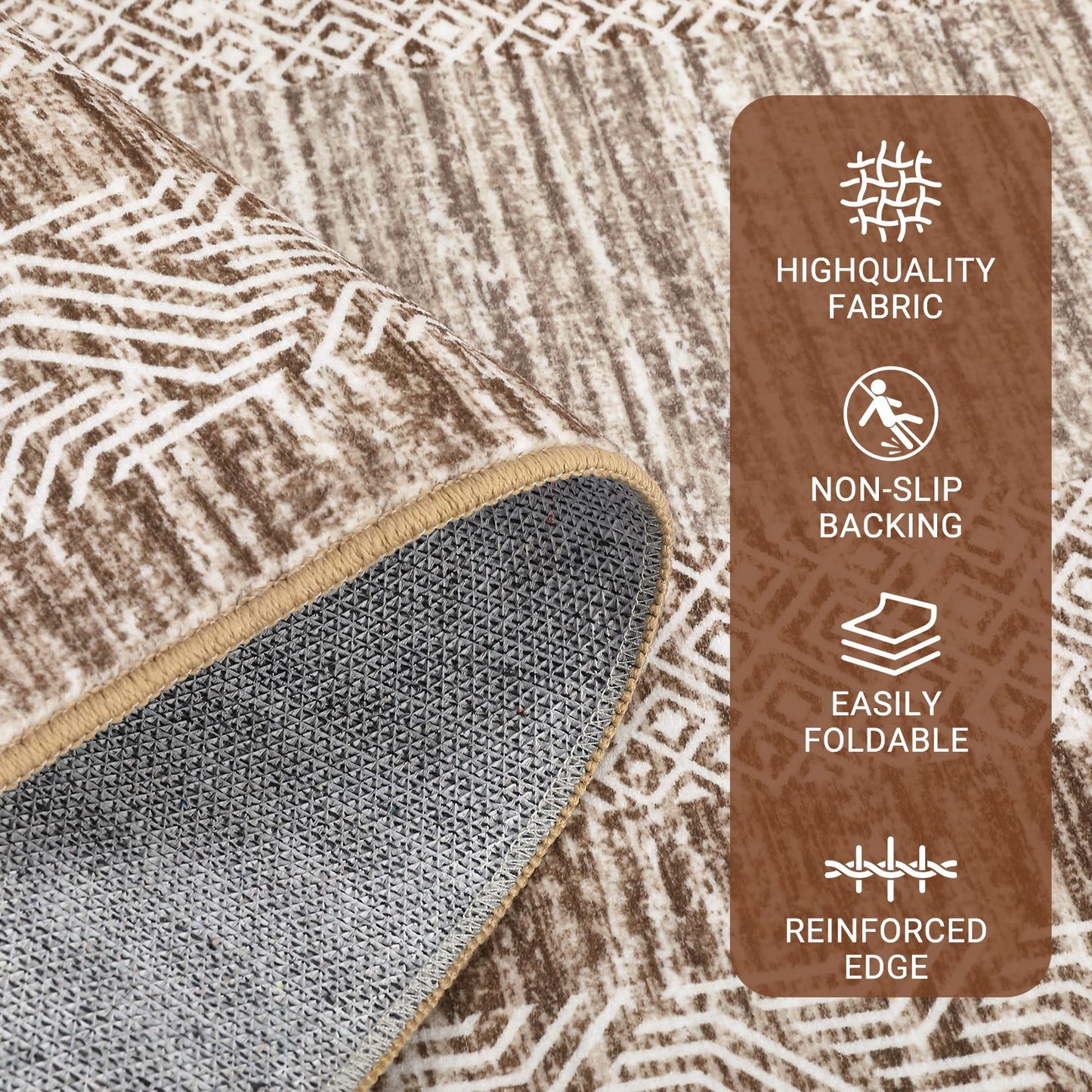 GarveeHome 2x6 Modern Bordered Runner Rug Soft Non Slip Runner Washable Non Shedding Floor Carpet, Distressed Geometric Hallway Runner, Indoor Printed Runner for Kitchen, Entrance, Brown