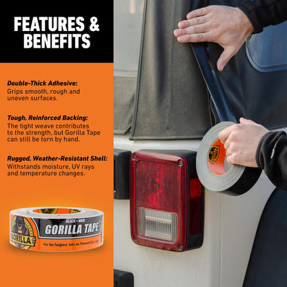 Gorilla Duct Tape,Black Tape,1.88" x 50 yd - Heavy Duty and Weather Resistant for Indoor or Outdoor,(Pack of 6)