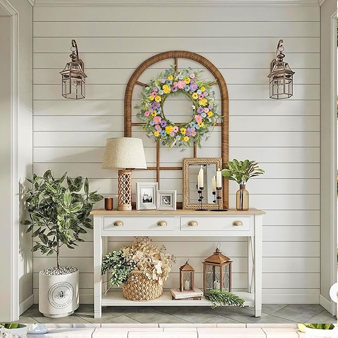 24" Front Door Wreath for Spring Summer Floral Seasonal Wreath with Colorful Flower Vibrant Artificial Daisy &Eucalyptus with Berries for Indoor & Outdoor Wall Home Decor