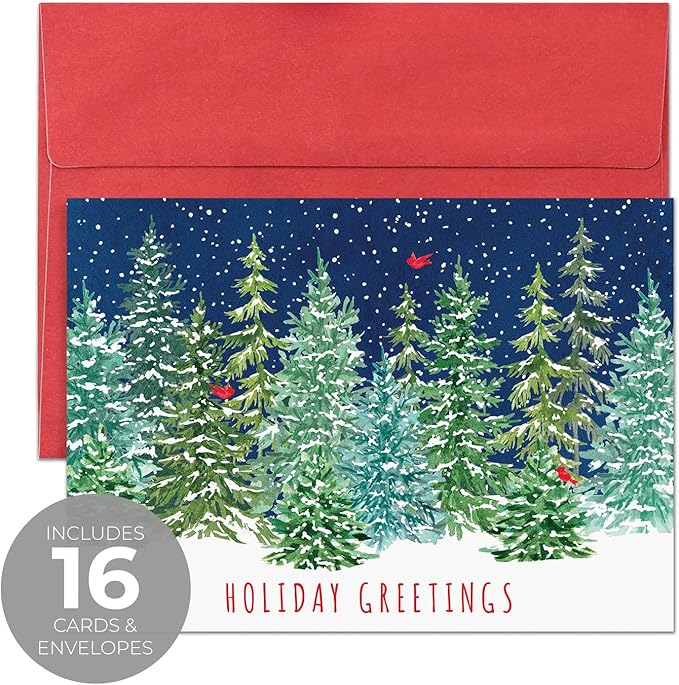 Masterpiece Snowy Evergreen Cardinal Trees Cards / 16 Boxed Holiday Note Card Set With Red Envelopes / 5 5/8" x 7 7/8" Folded Christmas Seasonal Winter New Year Greetings With Inside Verse