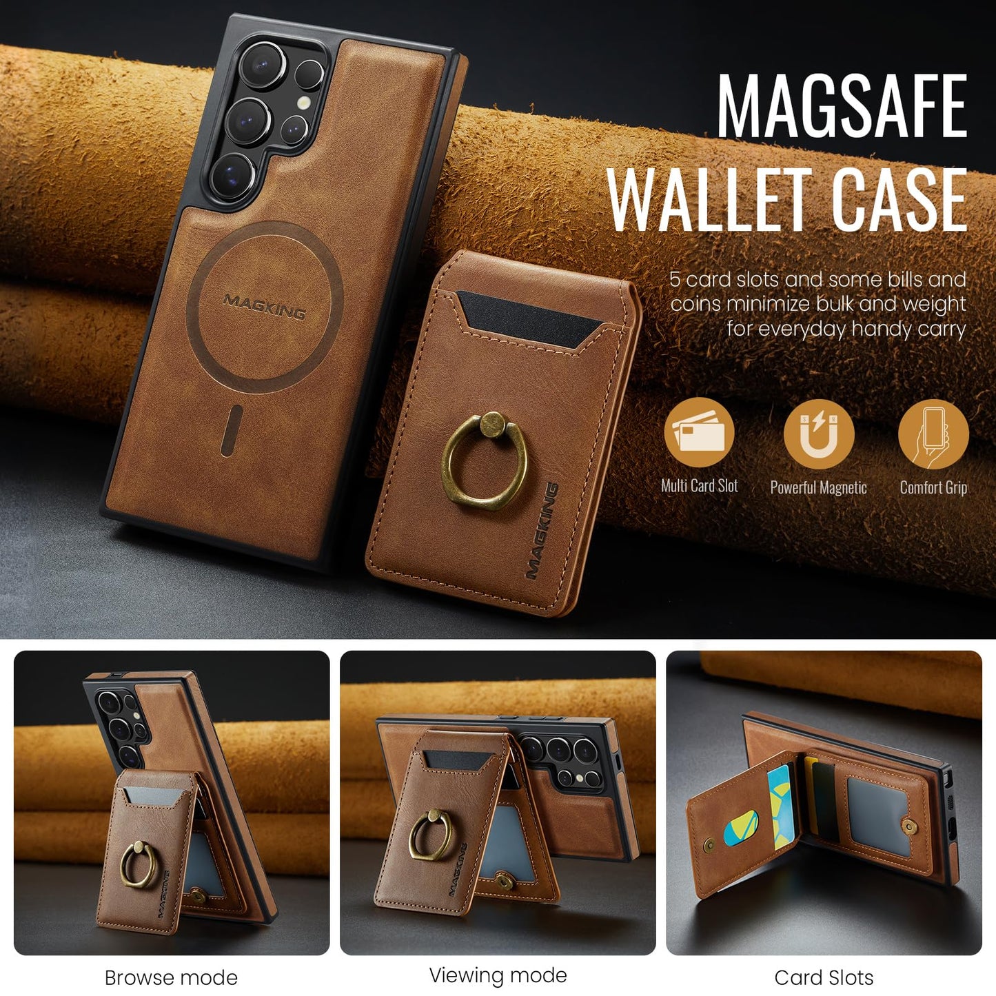 Konstreet for Samsung Galaxy S26 Ultra 2 in 1 Detachable Card Bag Wallet Case Durable Leather Wallets Magnetic Card Holder 4 Card Slots Ring Stand RFID Blocking Brown