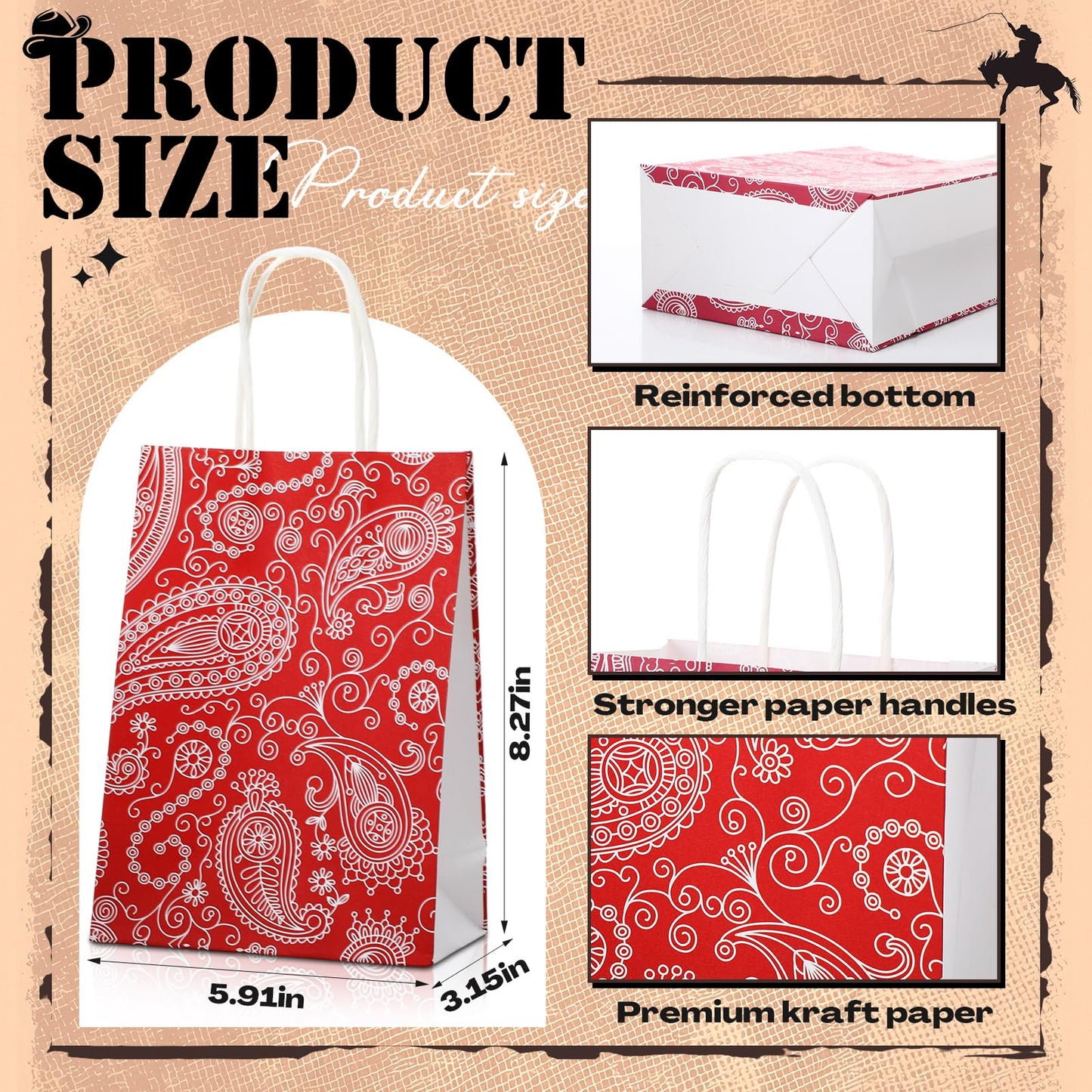 Marspark 24 Pcs Western Cowboy Party Favor Gift Bags Rustic Hat Boots Paisley Goodies Treat Paper Totes with Handle for Birthday Christmas Party, 4 Styles