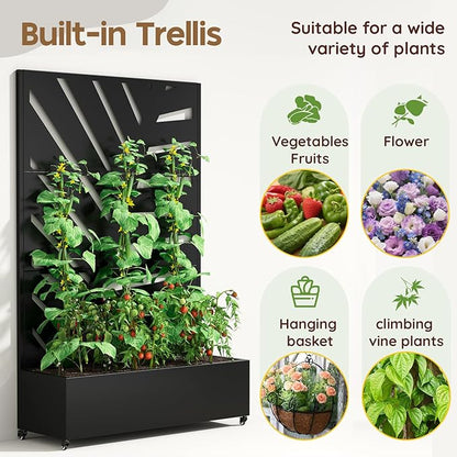 Metal Raised Garden Bed with Trellis & Wheels,72" x 47"x 15.7" Planter Box with Trellis,Privacy Planters for Patio,Garden Bed for Climbing Plants,Suitable for Climbing Plants and Vegetables,Black
