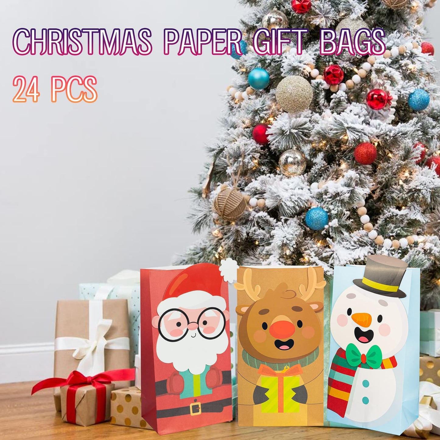Uptotop 24 Pack 2D Christmas Treat Bags with 6 Assorted Designs, Xmas Kraft Paper Bags for Holiday Cookie Candy Party Favor Supplies Decor
