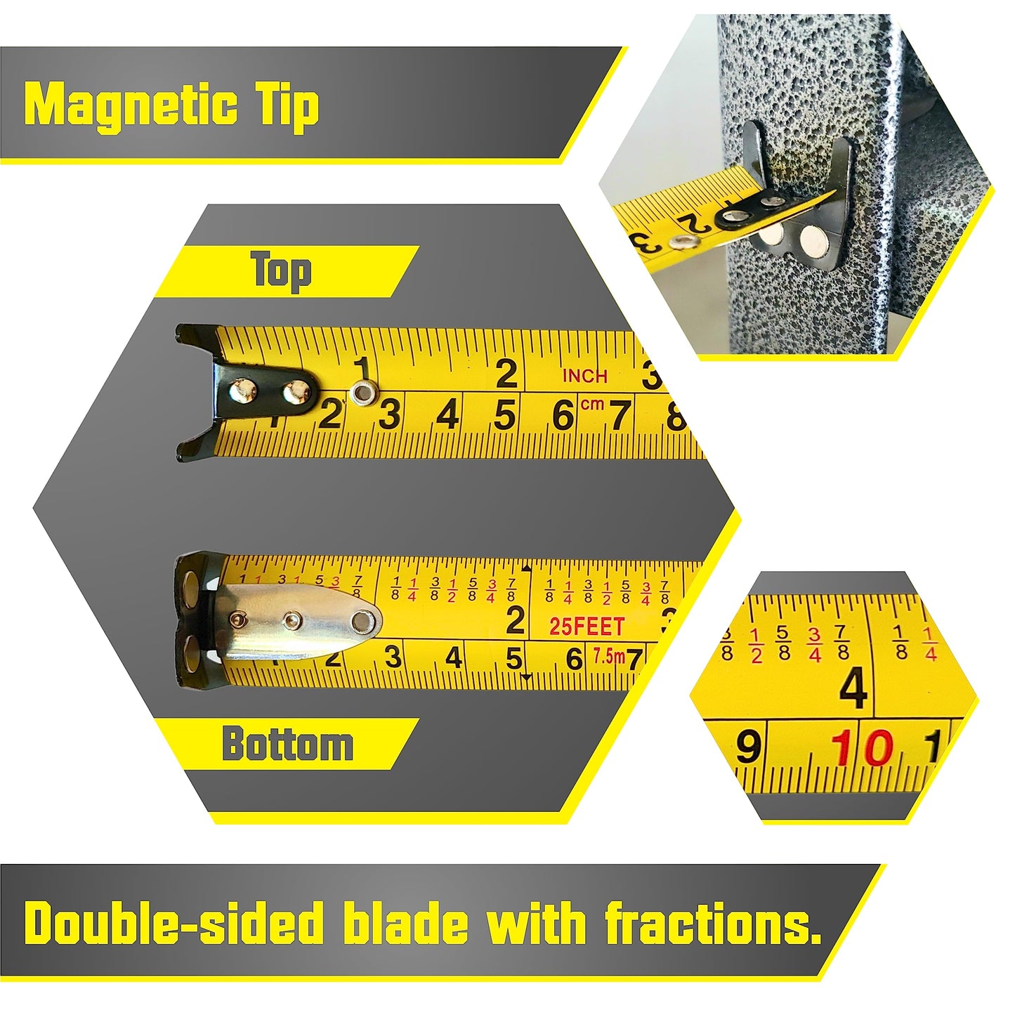 Bullseye 25 Ft Tape Measure with Magnetic Hook - 6 Pack - 1" Double-Sided Blade - Tape Measures with Imperial & Metric Measurements - Retractable Measuring Tapes with Fractions