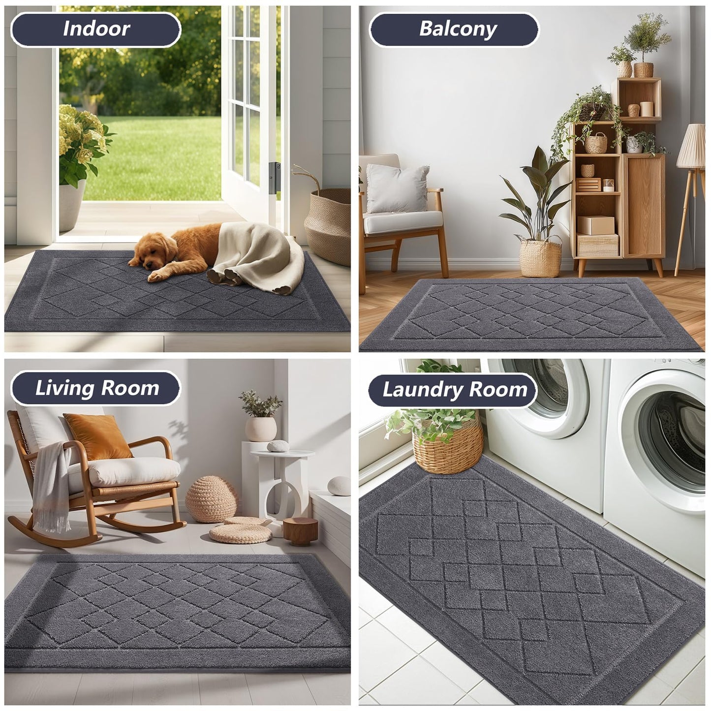 REFETONE Dirt Trapper Door Mat 20" x 32", Washable Indoor Doormat Rubber Backing Non Slip, Resist Dirt and Absorbent Entrance Mat, Low Profile Inside Floor Mats for Front Back Door and Entryway, Grey