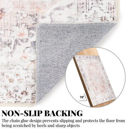 MUJOO Boho Area Rug 3'x5' Machine Washable, Pink Small Non Slip Area Rugs for Entryway Bedroom Bedside Kitchen Hallway Living Room Laundry Room Indoor Mat Soft Low-Pile Floral.