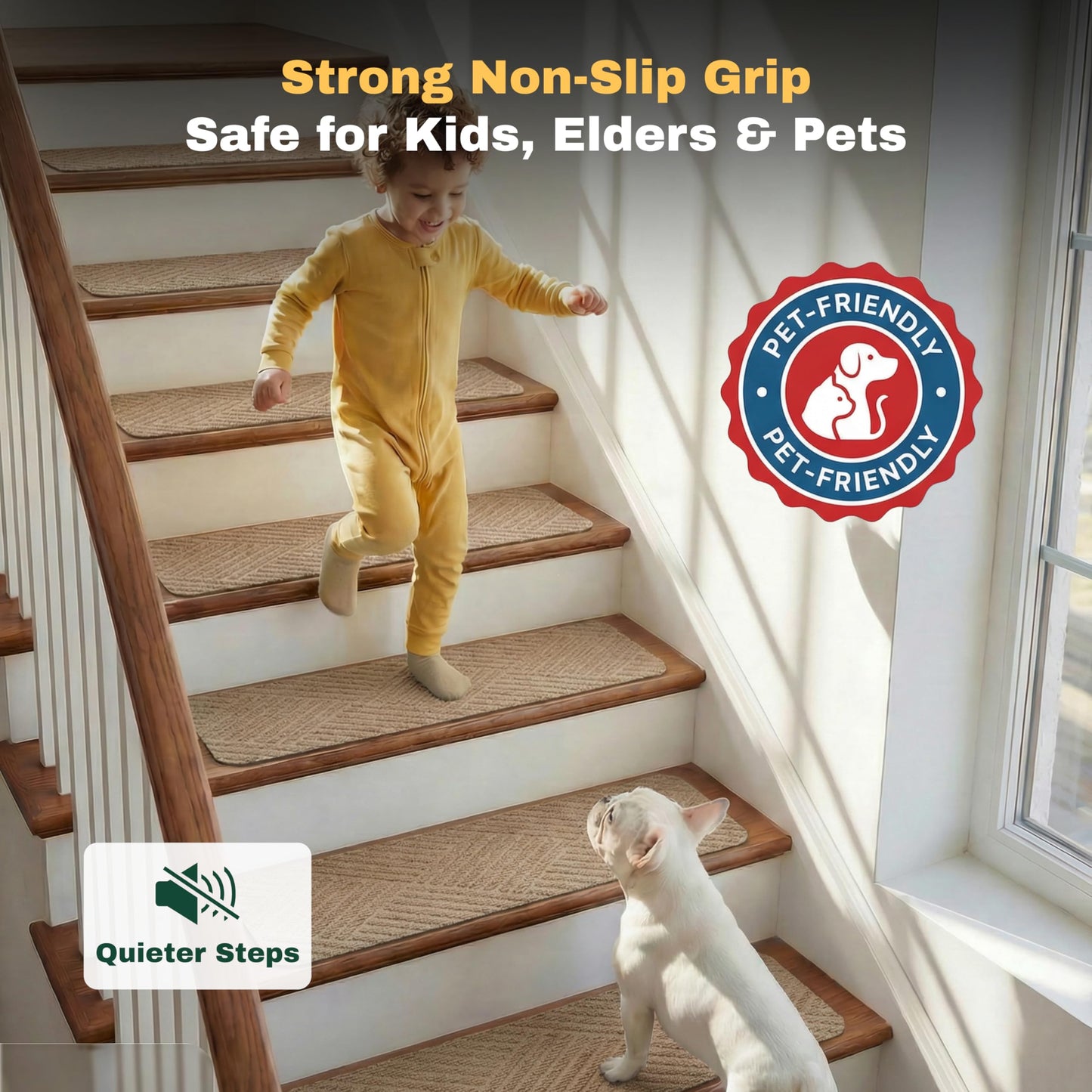 MBIGM 8 X 30inches, 15 in Pack, Non-Slip Carpet Stair Treads Non-Skid Safety Rug Slip Resistant Indoor Runner for Kids Elders and Pets with Reusable Adhesive, Cornstalk Weave