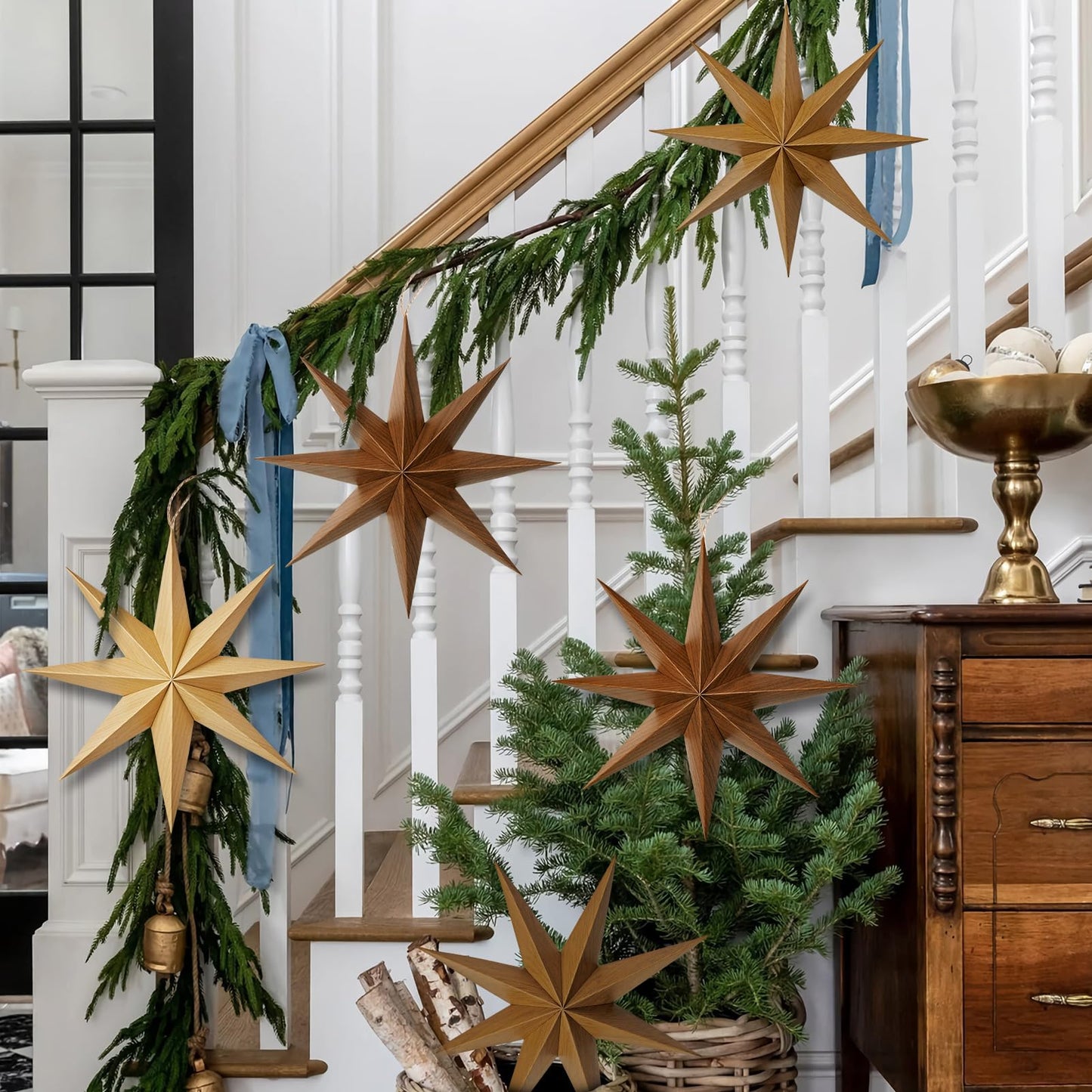 SUNBEAUTY 8-Pointed 12 Inch Paper Star Lanterns Brown Wooden Christmas Lanterns Hanging Lamp Paper Decorations Shade Wedding Birthday Christmas Home Party Decorations
