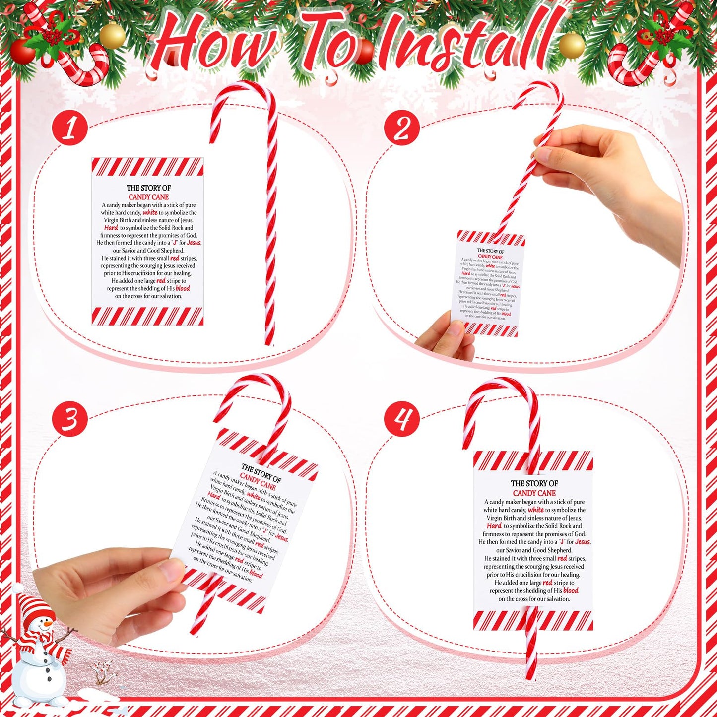 Cinnvoice 24 Sets Christmas Candy Cane Ornament and Candy Cane Meaning Story Cards Plastic Christmas Tree Hanging Ornaments Twisted Red and White Tree Decoration for Xmas Party Supplies