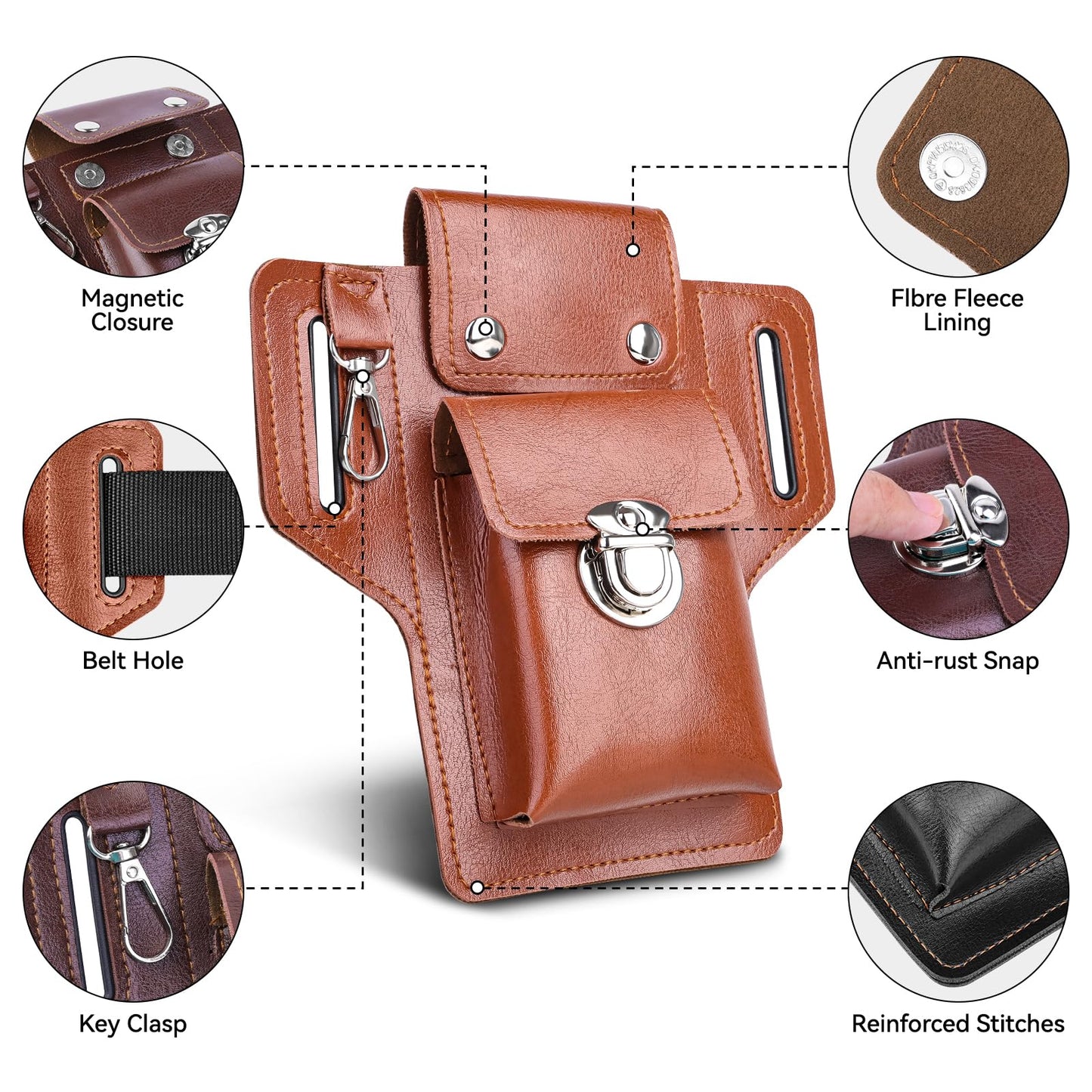 Leather Cell Phone Holster for Men, EDC Belt Pouch with Magnetic Closure & Keychain Clip, Lightweight Universal Waist Phone Case for Large Phones, Dog Walking, Travel & Hiking