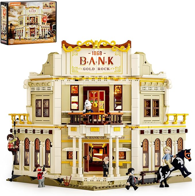 Western Bank Heist Lighting Building-Bricks Set - Wild West Outlaw Gold Heist 2875 Pcs Collection Display Set for West Lovers