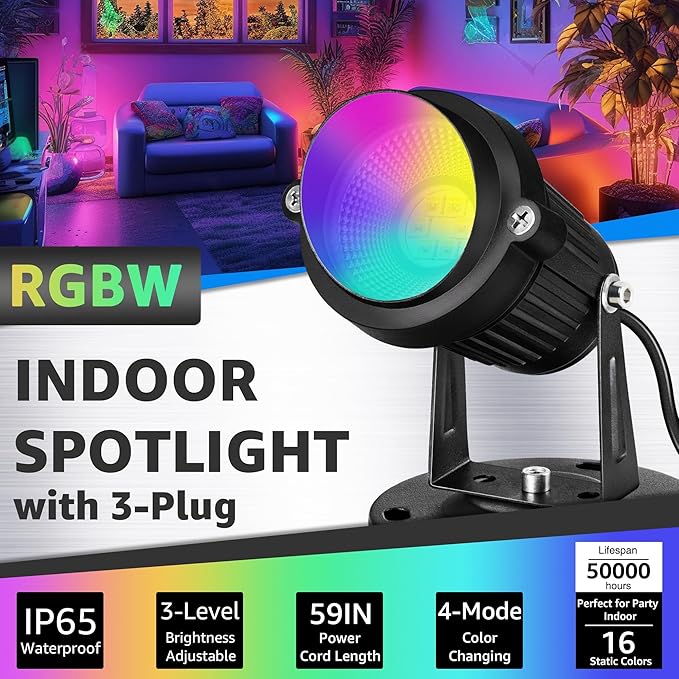 SUNVIE 6W RGBW Up Lights Indoor LED Spot Lights Indoor for Accent Lighting Color Changing Uplighting with Remote Control 120V 4.92FT Cord Spotlight Plug in with Stake for Plant Party Decor, 4 Pack