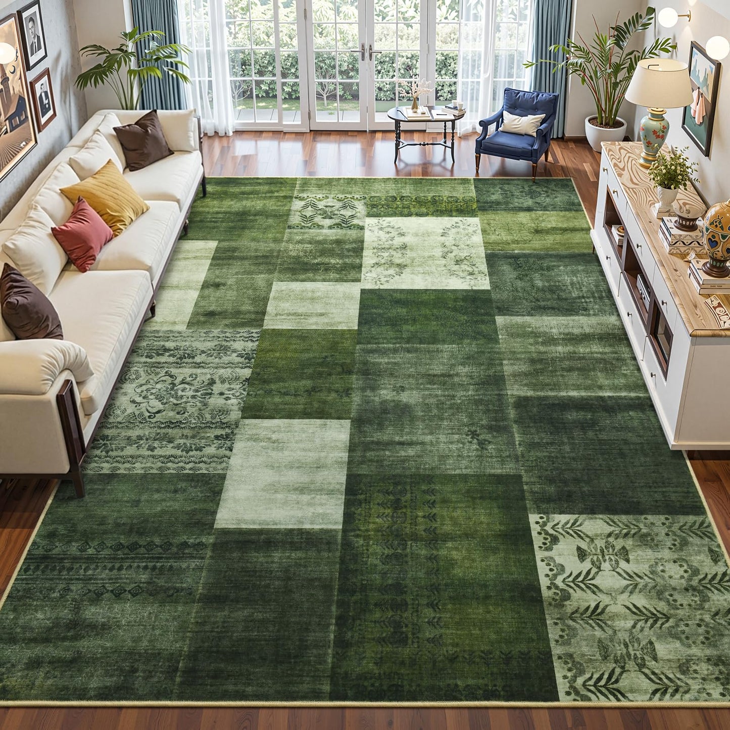 DweIke Washable Area Rugs 5x7 for Living Room, Modern Geometric Green Soft Patchwork Carpet, Non-Slip Stain Resistant Throw Rug for Bedroom Dining Room Office Home Decor