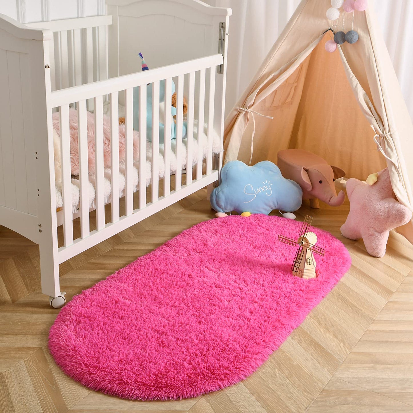 LOCHAS Bedroom Rug 2.6' x 5.3', Hot Pink Fluffy Shaggy Area Rug for Bedroom Bedside, Soft Oval Throw Rugs Carpet for Kids Girls Nursery Living Room Home Decor