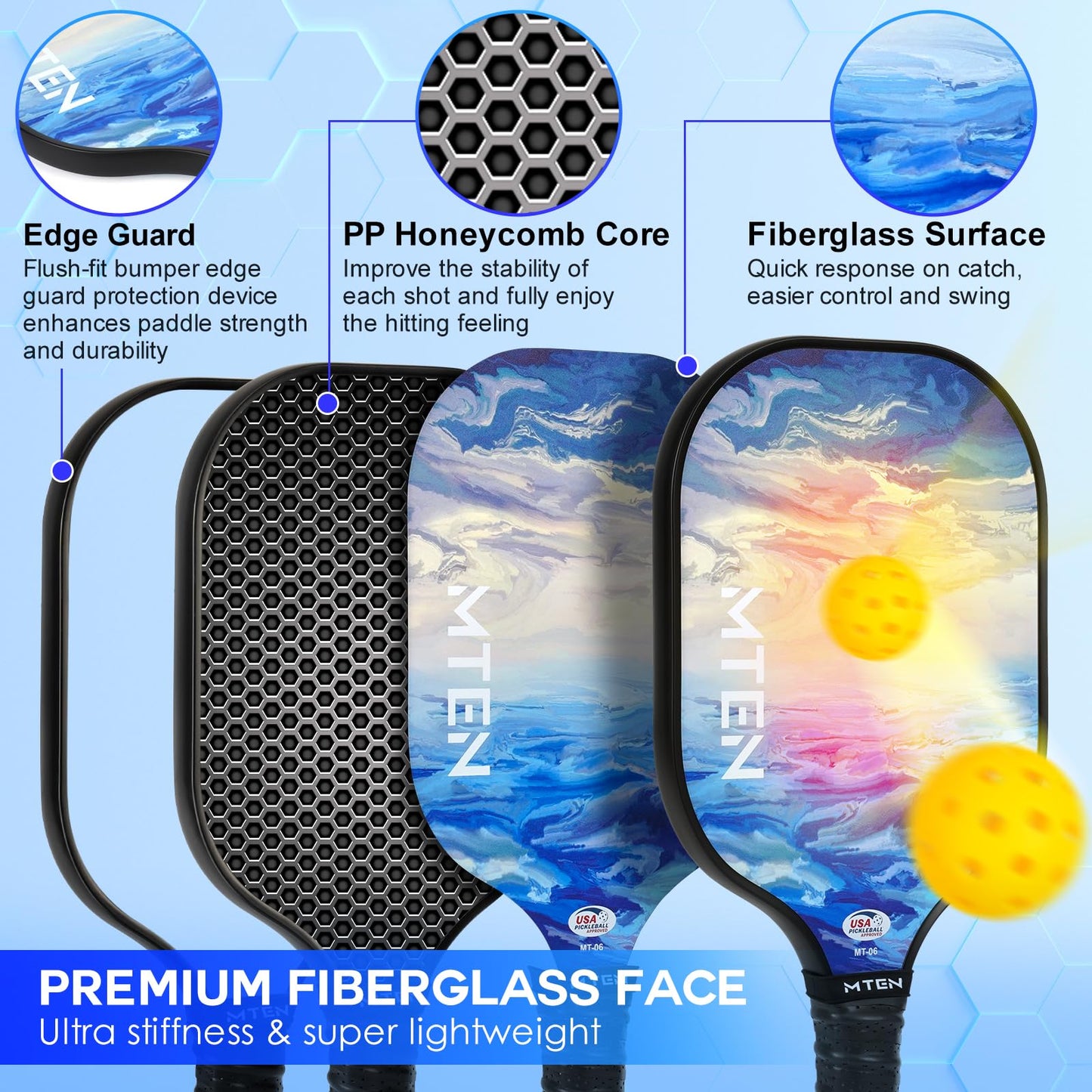 MTEN Pickleball Paddles, Pickleball Paddles Set of 2, USAPA Approved, 2 Paddles with 4 Outdoor Balls, 2 Grip Tapes, 1 Portable Carry Bag, Pickle Ball Set for Beginner