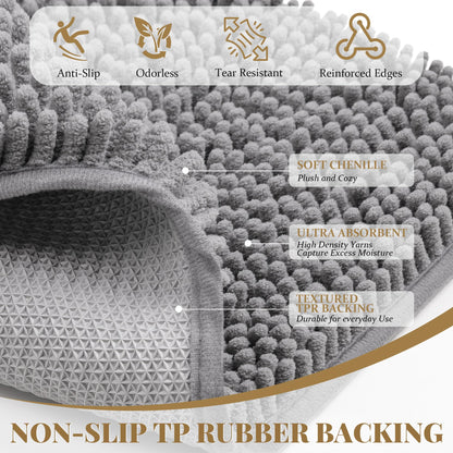 HOMEK Bathroom Rugs Mat 72 x 48, Thick Soft Absorbent Chenille Bath Rugs, Rubber Backing Bath Mats for Bathroom Floor, Tub, Shower, Bedroom, Home Decor Accessories, Quick Dry Machine Washable, Grey