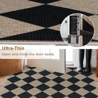 Rugalia Easy Jute Small Outdoor Patio Rug, 3x5 Black Checkered Entryway Rug Washable Modern Diamond Kitchen Rugs, Non-Slip Neutral Farmhouse Throw Carpet for Living Room Porch Backyard