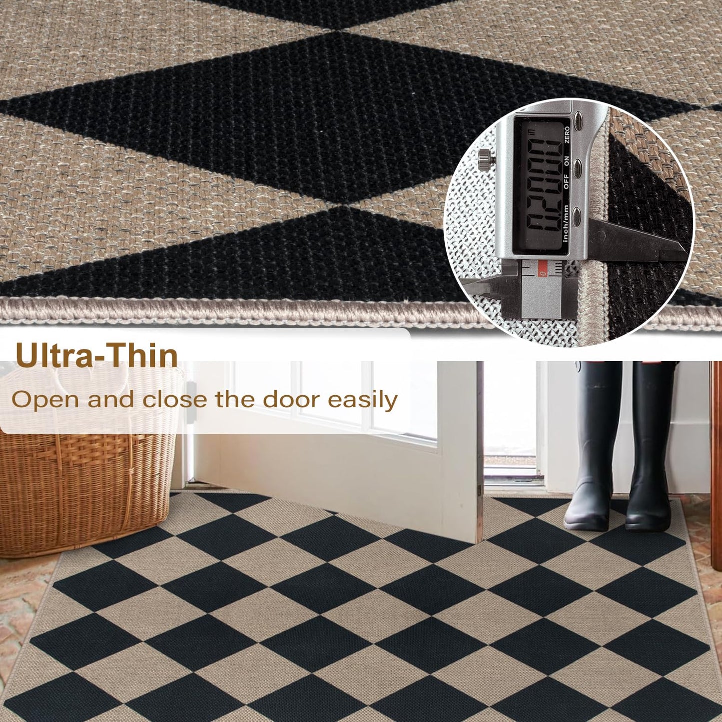 Rugalia Easy Jute Checkered Runner Rug, 2x6 Black Modern Washable Rugs Runner for Hallway Non-Slip Long Kitchen Rug, Geometric Diamond Indoor Outdoor Carpet for Porch Laundry Entryway