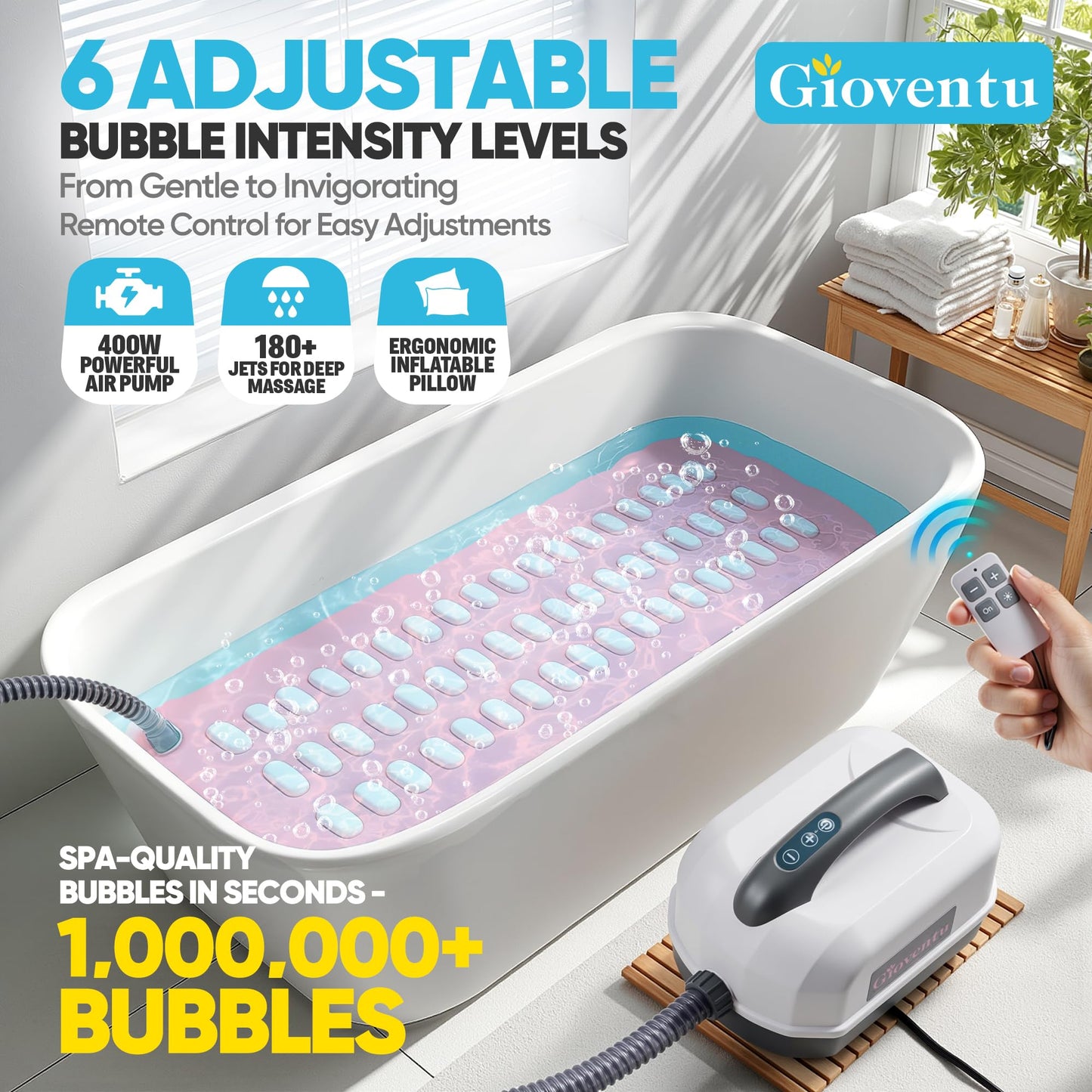 Upgraded Bathtub Spa Mat, Portable Spa Bubble Bath Massager with 6 Adjustable Settings, Upgraded Non-Slip Design and Remote Control, Hot Tub Jet Mat for Bathtub at Home, Full-Body Support