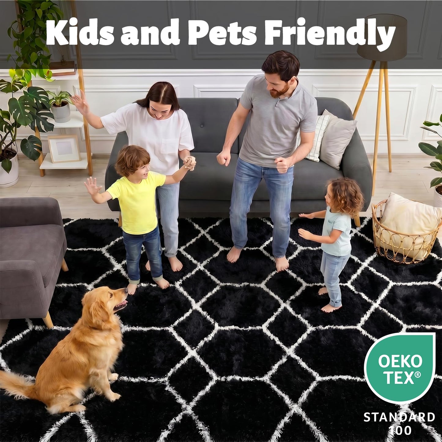 ONASAR Area Rugs for Bedroom Living Room, Fluffy 4x6 Black and White Rug, Geometric Shaggy Plush Bedside Indoor Floor Carpet for Nursery Kids Teens Girls Boys Dorm Home Office Decor