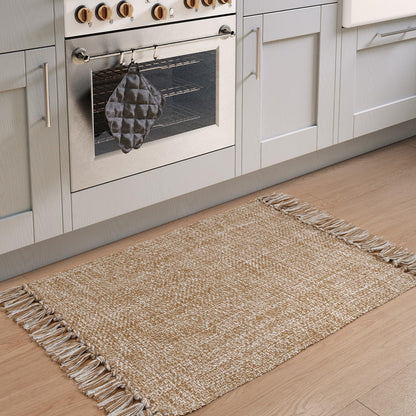 Collive Small Bathroom Rug, 2' x 3' Hand-Woven Low Profile Front Entryway Rug, Tan Cotton Reversible Washable Kitchen Mat Modern Farmhouse Carpet for Foyer Bedroom Back Door Decor