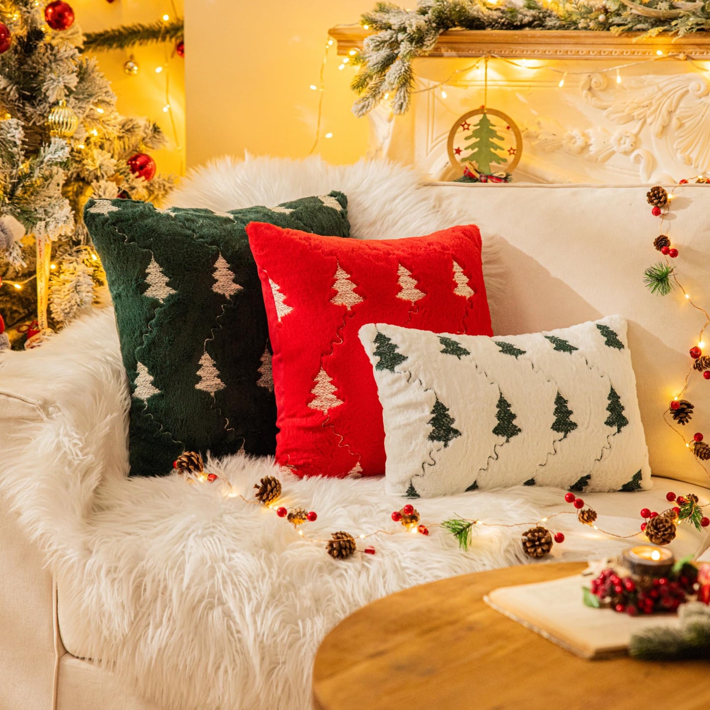 AQOTHES Christmas Tree Embroidered White Throw Pillows Cover 18x18 Inch, Set of 2 Packs Winter Soft Fluffy Decorative Throw Pillows Covers Decor for Home Sofa Couch Bed Room