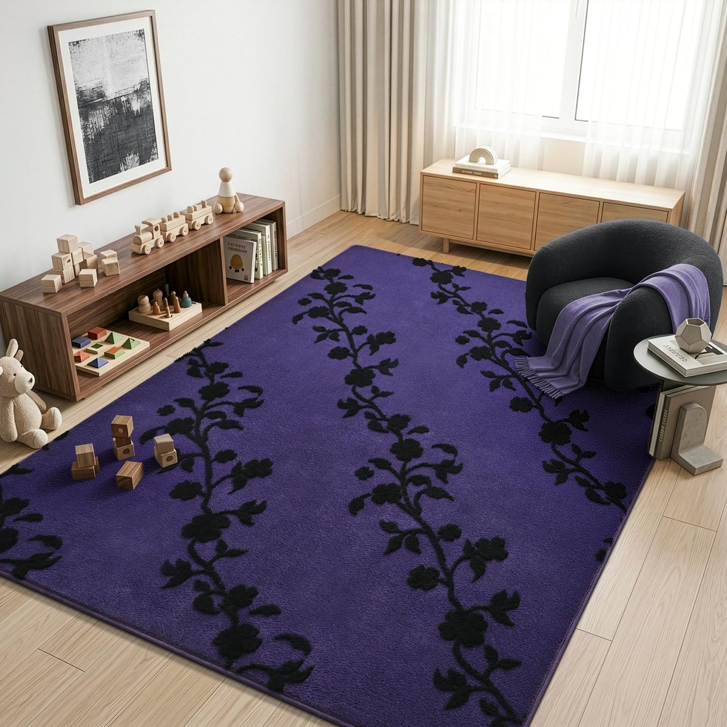 Opreine Area Rugs for Living Room Bedroom, 5x7 Feet Dark Purple Thickened Memory Foam Indoor Washable Rug, Black Flower Gothic Non-Slip Carpet for Girls Boys Padded Rugs Dorm Room Mat