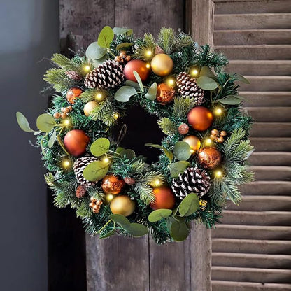 WANNA-CUL Pre-Lit 20 Inch Lighted Christmas Wreath for Front Door Decoration with Copper Gold Christmas Ball Ornaments,Battery Operated 30 LED Lights