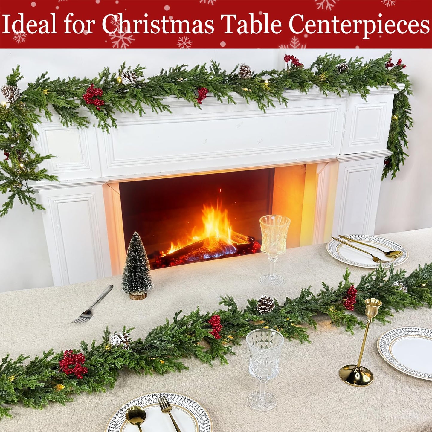 6FT Pre-lit Christmas Cedar Garland with 20 Warm White LEDs Timer Red Berries Pinecones and Soft Vine, Lighted Christmas Garland for Mantle, Table, Fireplace, Wall, Stairs, Indoor, Outdoor Xmas Decor