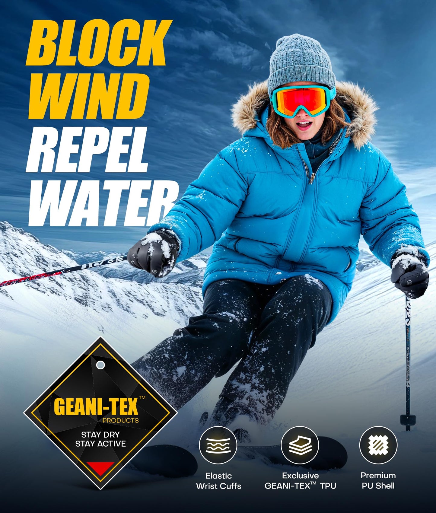 Winter Gloves Men Women Made with 3M Insulation, -20°F GEANI-TEX™ Waterproof Ski Gloves for Cold Weather, 5-Layer Thermal Snow Gloves, 10 Touchscreen Fingers Snowboard Gloves for Cycling, Hiking