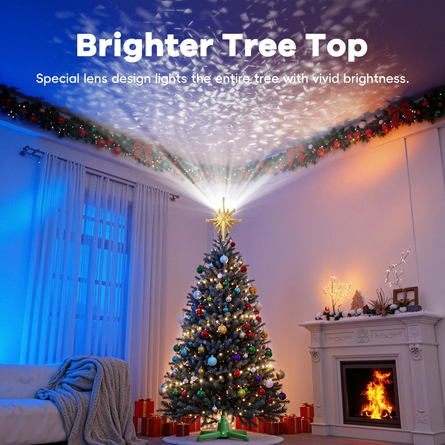 2025 Upgraded Christmas Tree Topper Projector Light with Rotating Bright LED & Wide Coverage, Universal Fit for Any Height Tree, Easy Install, Stable Base, Holiday & Party Decorations (Starlight Gold)