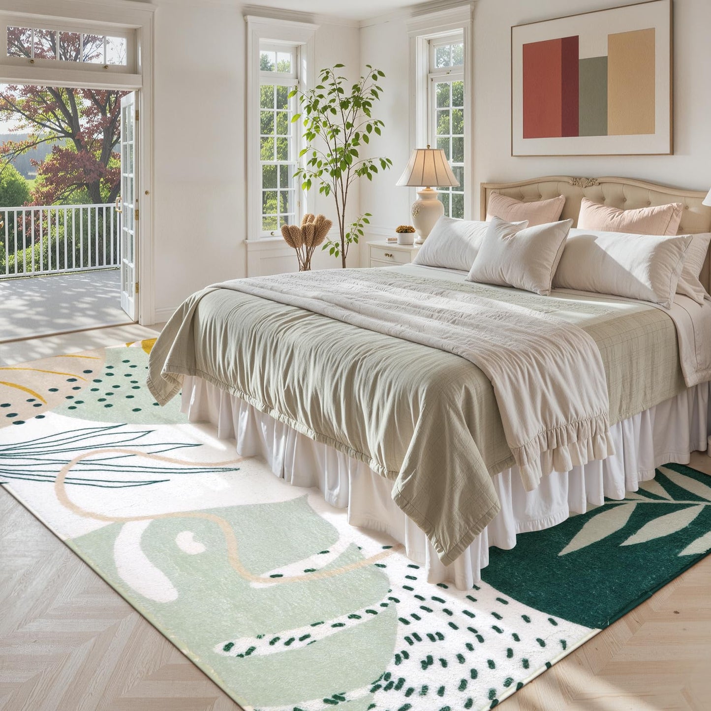 Lahome Green Washable Rugs 9x12 Living Room Rug, Non-Slip Backing Lightweight Extra Large Area Rug Ultra-Thin Throw Rus for Dining Room Table, Boho Botanical Print Soft Rug for Bedroom Classroom Home