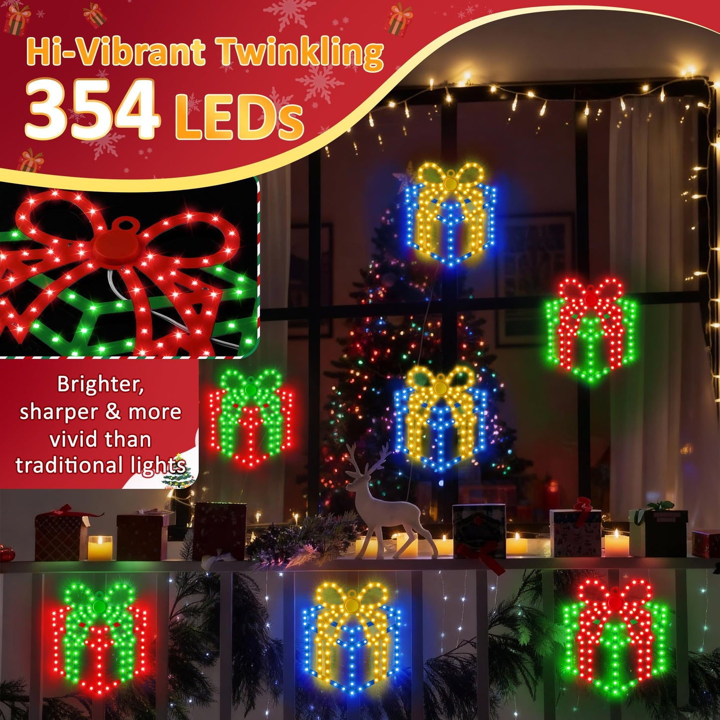 ElectricWise 3 Pack 10'' Christmas Window Lights, 354 LEDs Hi Vibrant Twinkling Lighted Gift Boxes, Waterproof Plug in Christmas Window Silhouette Light Present Decoration for Door Wall, Xmas Decor