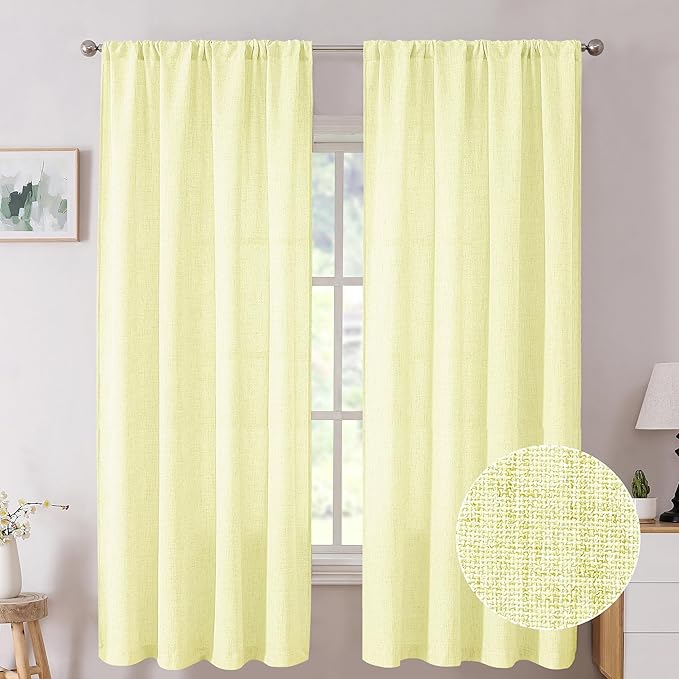 Tollpiz Short Linen Curtain Bedroom Rod Pocket Semi Sheer Curtains Burlap Light Filtering Thick Linen Drape for Living Room, 38 x 54 inches Long, Cream Yellow, Set of 2 Panels