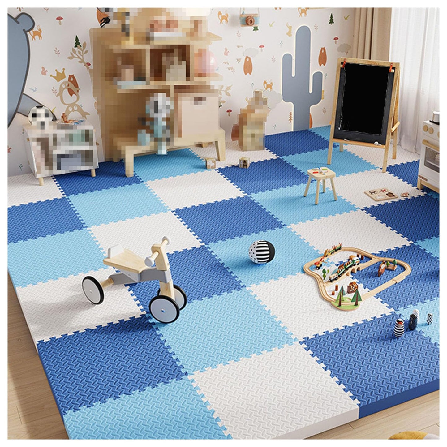 Foam Interlocking Floor Tiles Play Mat, 9pcs 12x12x1in Extra Thick EVA Foam Floor Mat Puzzle Exercise Mat, Protective Flooring for Workout Equipment (White+Navy Blue+Sky Blue)