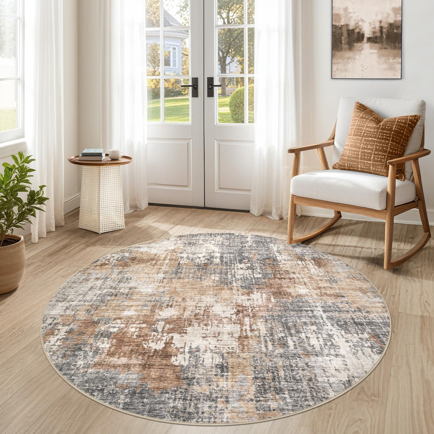 DMOYEST 5ft Round Area Rug Living Room Rugs - 5x5 Washable Large Soft Indoor Neutral Modern Abstract Low Pile Rug Carpet for Bedroom Dining Room Farmhouse Home Office - Grey Brown
