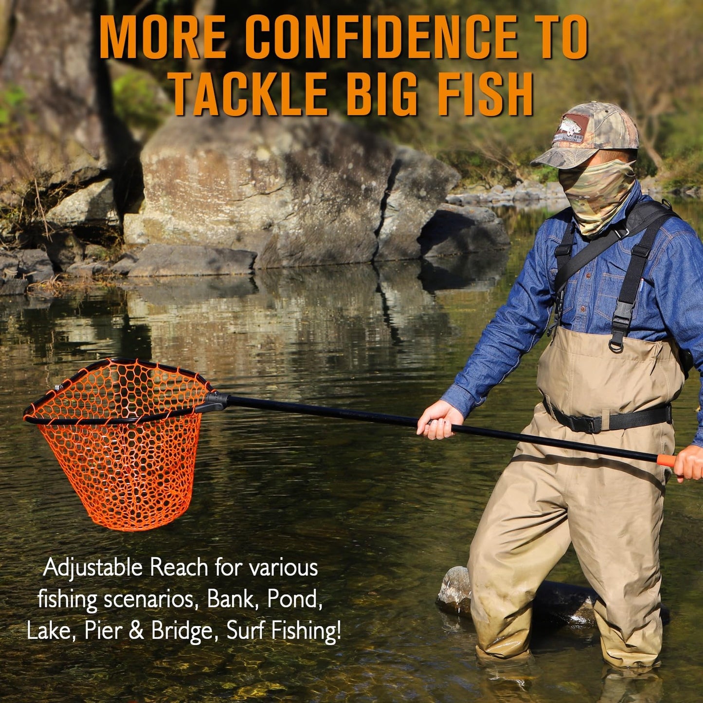Dovesun Rubber Fishing Landing Nets Telescopic Handle Nets Folding Nets with Collapsible Handle for Catch & Release Fishing Gift 17.6" dia-13.7" Depth Orange