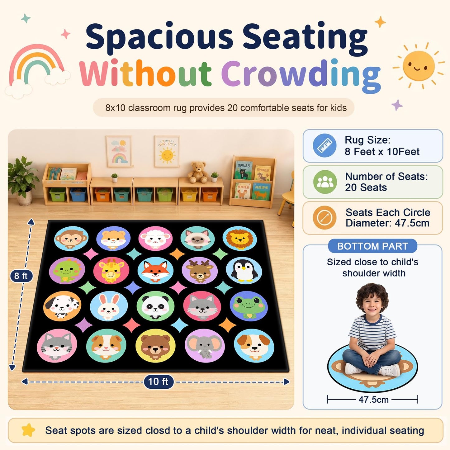 Kimicole 20 Seats Classroom Rugs for Elementary Preschool 8x10 Animal Black
