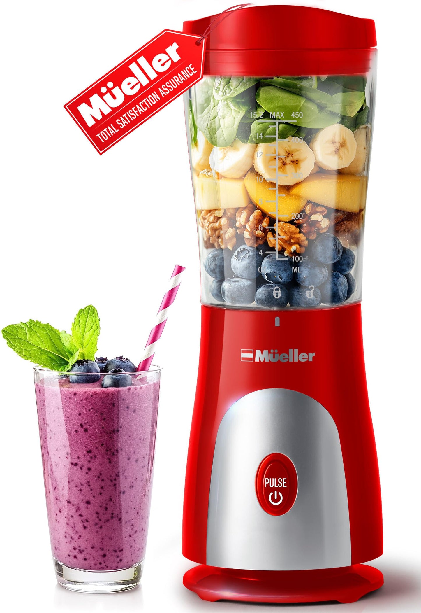 Mueller Smoothie Blender for Smoothies - Personal Blender for Shakes, Frozen Drinks, Baby Food & More, 15oz Travel Cup and Lid, Durable Stainless Steel Blades for Powerful Blending Performance, Black